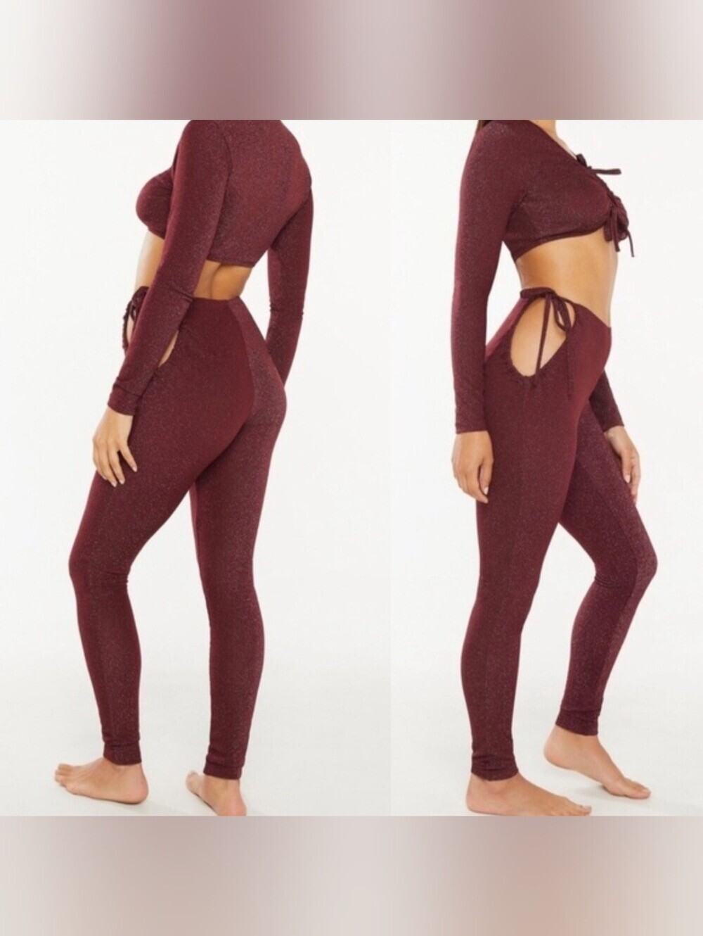SAVAGE X FENTY SPARKLE MAROON LEGGINGS WITH CUTOUT HIPS SZ L
